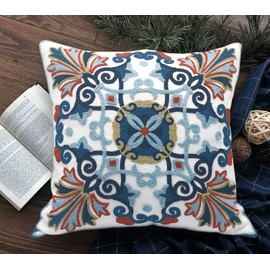 Alysheer Embroidered Decorative Throw Pillow Cover 18 x 18 inch, Boho Vintage Farmhouse Cottage Floral Embroidery Knit Pattern, 100% Cotton Cushion Case for Sofa Couch Living Room (Navy Blue)