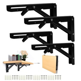 Xugoox 4 Pcs Folding Shelf Brackets, Heavy Duty Foldable Right Angle Shelving Brackets with Screws, Black Stainless Steel Wall Mounted Stands for Bench Table, Space Saving, 8 inch and 10 inch