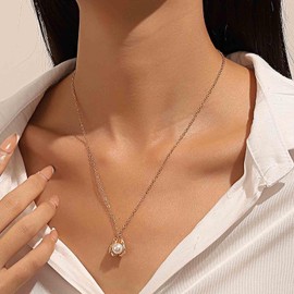 Inilbran Boho Pearl Choker Necklace Vintage Pearl Bead Necklace Choker Gold Pearl Pendant Necklace Round Pearl Chain Necklace Jewelry for Women and Girls