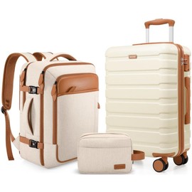 Miusse 3 Piece Suitcase Set with Backpack, Carry On Luggage, TSA Lock, Spinner Wheels, Hardshell Travel Suitcase - Color: Beige