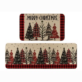 Moutina Merry Christmas Trees Red Buffalo Plaid Kitchen Rugs Set of 2, Winter Xmas Home Decor Low-Profile Kitchen Mats for Floor - 17x29 and 17x47 Inch