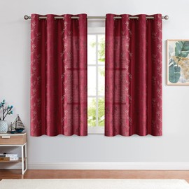 jinchan Floral Curtains Embroidered Curtains for Living Room 63 Inch Length Faux Silk Curtains Burgundy Red Flower Patterned Drapes Light Filtering Curtains Window Curtain Set 2 Panels