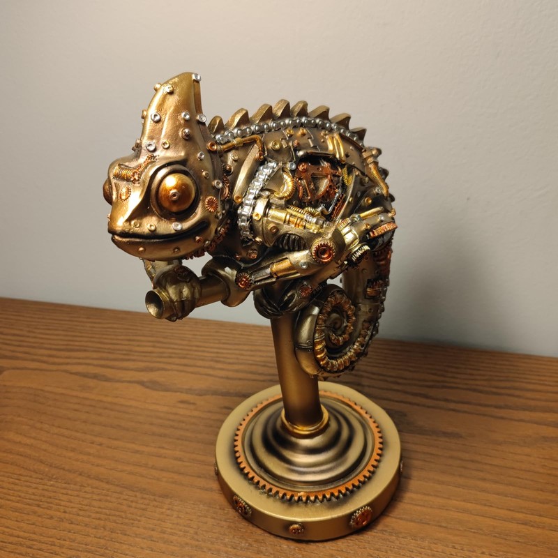 GENUINQ Steampunk Lizard Chameleon Statue Hand Painted Sculpture Resin Cyborg
