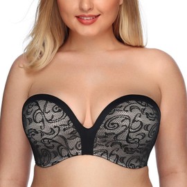 Exclare Women's Plus Size Invisible Seamless Anti-Slip Lift Push up Wirefree Strapless Bra(34DD,Lace Black)