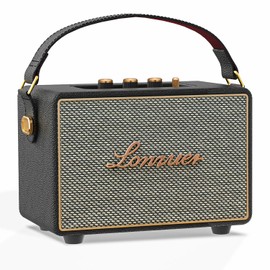 Lonzuer Vintage 80Watts No Distortion Wireless Bluetooth Wooden Portable Retro Blue Tooth Home Speaker with Deep Bass Subwoofer Fabric Grill Leather Strap Handle-Black