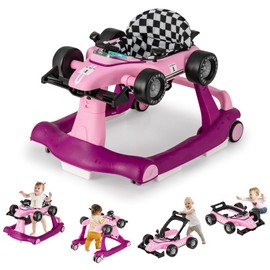 GLACER Foldable Baby Walker, 4-in-1 Infant Walker with Adjustable Height & Speed, Music, Light, Steering Wheel & Washable Cushion, Baby Walker Activity Center for Boys Girls 6 –18 Months (Purple)