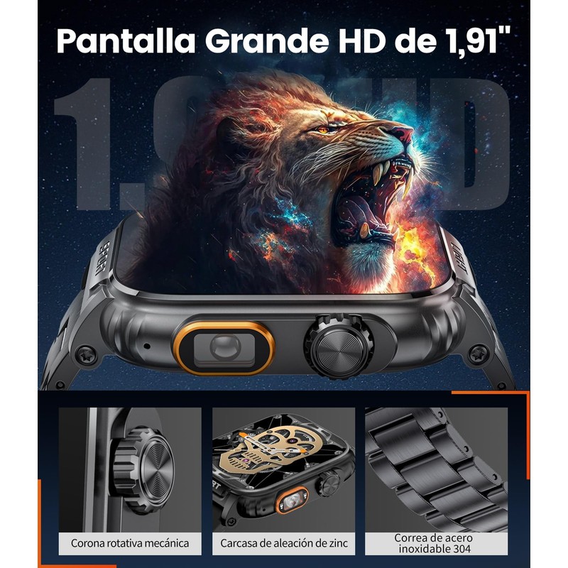 ESFOE Reloj Inteligente Hombre,1.91" HD Smartwatch con LED Linterna, Llamadas