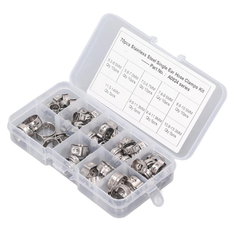 70Pcs Single Ear Hose Clamp Kit Stainless Steel Stepless 9