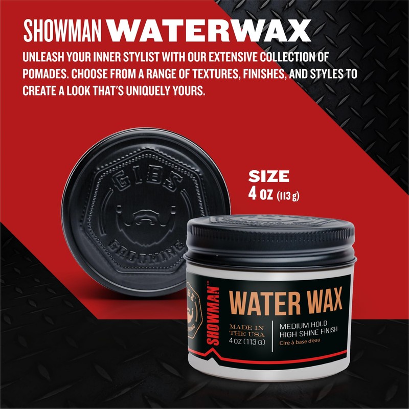 GIBS Water Wax, SHOWMAN-Medium Hold, Healthy High Shine, Water Based,