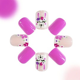 Valentines Press on Nails Short Square Easter Fake Nails Pink Nude False Nails with Designs Rabbit Flowers Glossy Stick on Nails Glue on Nails Valentines Nails Acrylic Nails for Women Girls 24 Pcs