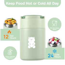 HOUSETEC Food Bottle, Insulated Lunch Box with Foldable Fork and Spoon, Leakproof Soup Bottle, Portable Wide Mouth Soup Containers for Outdoor, Indoor and Outdoor, 600ml, Green