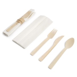 Natural Dinner Party Catering Bamboo Veneer Utensil 4pc Set - Spoon, Fork, Knife, Napkin - Twine Tied - 30 Sets