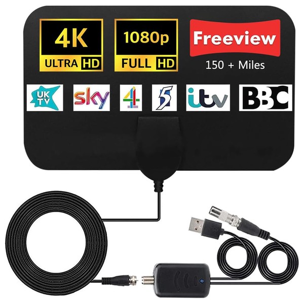 ZOYDP TV Aerial Indoor, TV Aerial 150+ Miles Long Range, Digital Aerial for TV Indoor, Indoor Aerial for Freeview TV Support 4K 1080P Local TV Channels with Booster & 13.12 Ft Coax Cable