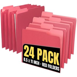 1InTheOffice Red File Folders Letter Size, File Folders with Tabs, Filling Folders, 1/3 Cut Tab, 24/Pack