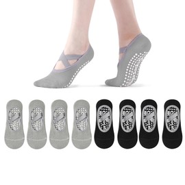 LandReCol 4 Pairs Yoga Socks Black & Grey Pilates Socks Yoga Socks Non-Slip Grip for Yoga, Pilates, Barre, Fitness - for Sports, Home & Hospital