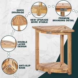 VICTORY RELAX Acacia Corner Shower Stool, Waterproof Spa Foot Rest & Bath Bench with Storage Shelf & Soap Dish, Ideal for Bathroom, Shaving Legs, or as Small Corner Table/Step Stool (Light Natural)