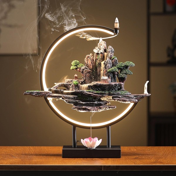 TXYXT Backflow Incense Waterfall Fountain Burner with Adjustable LED Light