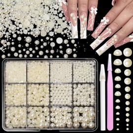 Creamy White Pearl Beads for Nails, Nail Pearls for Nail Art, White Round Pearls Nails, Caviar Nail Beads, Small Tiny Half Pearl Bead Gems for DIY Nail Art, Face Makeup and Craft Hats