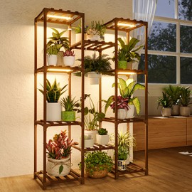Bamworld Plant Shelf with Grow Light Plant Stand for Mutiple Pots Large Plant Holder for Living Room Patio Boho Home Decor for Gardening Warm Light