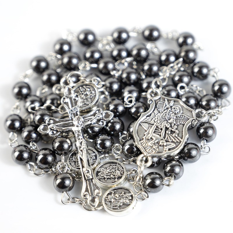 PLONKLY St Michael & St Benedict Hematite Rosary Necklace for