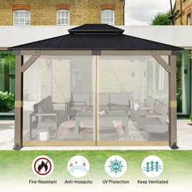 Aoodor Universal 10x10 ft Gazebo Mosquito Netting, Replacement 4-Panel Sidewalls with Double Zippers for Patio, Backyard, Deck, and Lawn (Netting Only, Khaki)