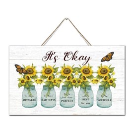 Autravelco Sunflower It's Okay to Make Mistakes Butterfly Art Decor Signs Custom Wooden Sign Farmhouse Summer Sunflower Mason Jar Wall Art Wood Plaque Sign Home Decor for Front Door Offices 6x10 Inch
