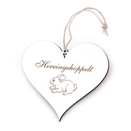Engraved Heart Door Sign 13 x 12 cm (Hereingehoppelt Kaninchen, White)