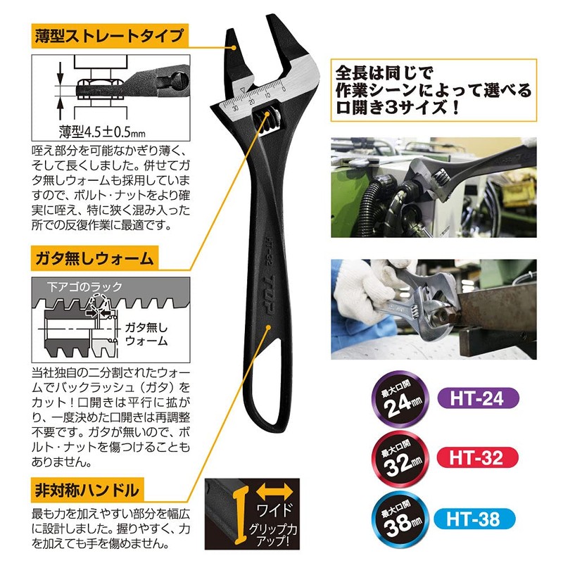 Top HT-38 Thin Straight Monkey Wrench with No-Backlash Worm-screw, Tip