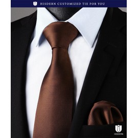 HISDERN TL-03S Plain Shiny Necktie Square Set, Men's, Formal Business, Weddings, After-parties, Presents, 18 Colors Available, 10 Brown