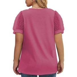 Plus Size Workout Tops 2025 Summer Sexy v Neck Puffy Short Sleeve Cute Swiss Dotted Shirts Rose red XL