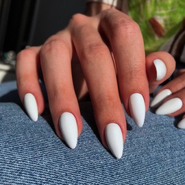 Matte White Press on Nails - Almond Shaped, Medium Length, Thick Natural Gel Stiletto Nails, 24Pcs