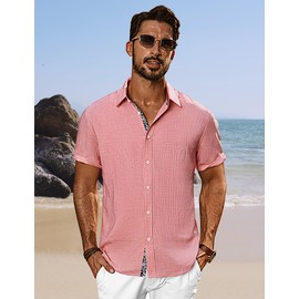PJ PAUL JONES Mens Casual Shirts Relaxed Fit Lightweight Wrinkle Free Travel Untucked Dress Shirt Pink