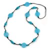 Avalaya Long Light Blue/Turquoise Wood and Resin Bead Black Cord
