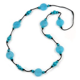 Avalaya Long Light Blue/Turquoise Wood and Resin Bead Black Cord Necklace/100cm Long