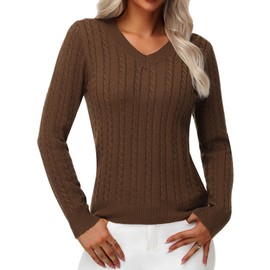 IEEILULU Cable Knit Sweater Women Soft V Neck Tops Long Sleeve Pullover Clothes Casual Trendy Outfits (US, Alpha, X-Large, Regular, Regular, Brown)