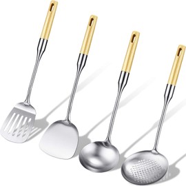 Stainless Steel Kitchen Cooking Utensils Specialty Chinese Wok Utensil Set with Skimmer Slotted Spoon, Spatula Turner, Wok Spatula and Soup Ladle for Nonstick Cookware Cooking Baking Supplies