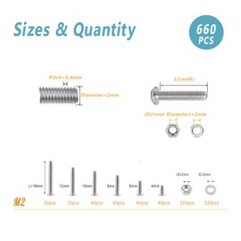 Kadrick 304 Stainless Steel Screws,660 Pcs M2 Screw Assortment,Button Head Socket Cap Screws Kit,M2x4mm,6mm,8mm,10mm,12mm,16mm Metric Bolts Nuts Washers Kit with 1 Hex Allen Wrench