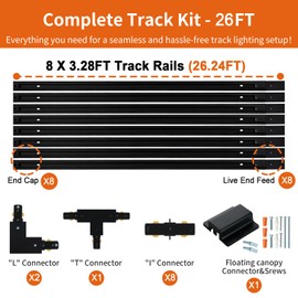 Zanixor 26FT H Track Lighting Rail Kit, Black H Type Track Lighting Rails with Floating Canopy Connector, I&L&T Connector, End Caps and Live End Feed Connector for H Style 3-Wire Track Heads