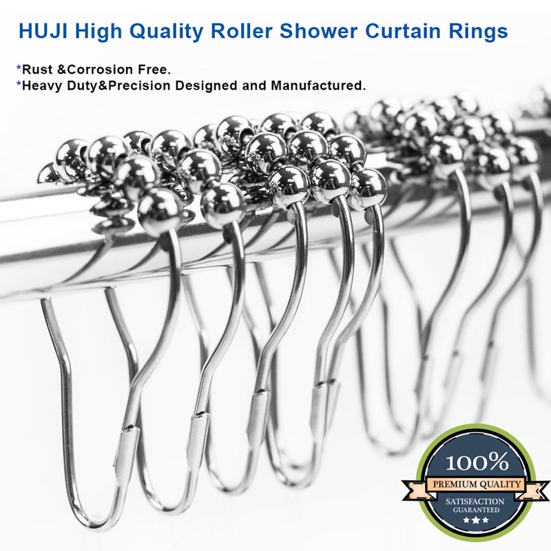 HUJI Heavy Duty Roller Shower Curtain Rings, Polished Chrome Set