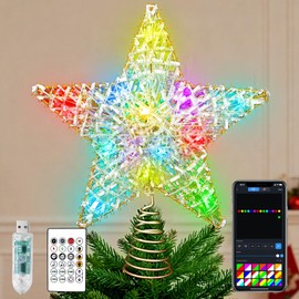 9" Christmas Tree Toppers, Gold Star for Xmas Tree Decor, APP & Remote Control, DIY 16 Mil. Color Changing, Music Sync, Smart LED Treetop Glittered Christmas Star Light for Home Garden