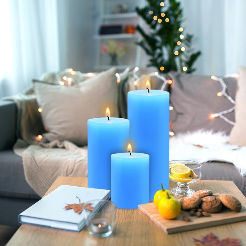 Blue Pillar Candles Set of 3 - Dripless Unscented -