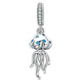 Marine Animals Charm Beads 925 Sterling Silver Tortoise Crab Fish Dolphin Charms For Bracelets Necklace, (Jellyfish Pendant)