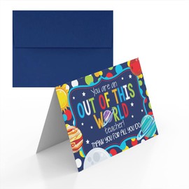 Amanda Creation Out Of This World Outer Space Themed Teacher Appreciation Blank Folded Cards Single (1) Greeting Card For Teacher, 4"x 6" (when folded)