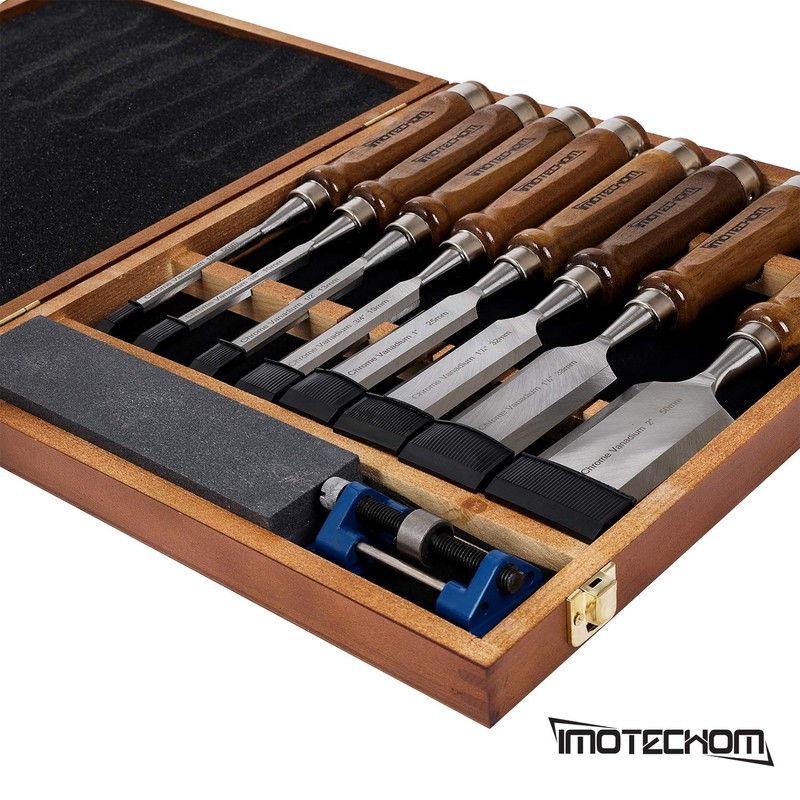 IMOTECHOM 10-Pieces Woodworking Wood Chisel Set with Wooden Box, Honing