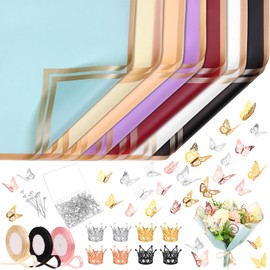 70 Sheet Gold Edge Flower Bouquet Wrapping Paper DIY Craft Gift Packing,Waterproof Floral Packing Material with Crown Ribbon 3D Hollow Imitation Metal Butterfly Greeting Cards Crystal Diamond Needles
