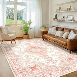 Castage 6'x9' Area Rugs Washable,Pink Rug for Living Room Bedroom,Large Boho Vintage Bohemian Distressed Oriental Carpet Non Slip,Blush Floral