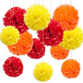 12pcs Red Orange and Yellow Paper Pom Poms,Hanging Ceiling Tissue Flowers for Thanksgiving Firefighter Party Decoration