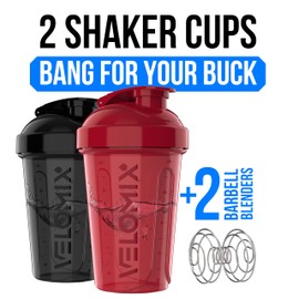 VELOMIX -2 Pack- 20 oz Protein Shaker Bottles for Protein Mixes - 2x Wire Whisk | Leak Proof Shaker Cups for Protein Shakes and Pre Workout | Protein Shaker Bottle Pack (Black/Red)