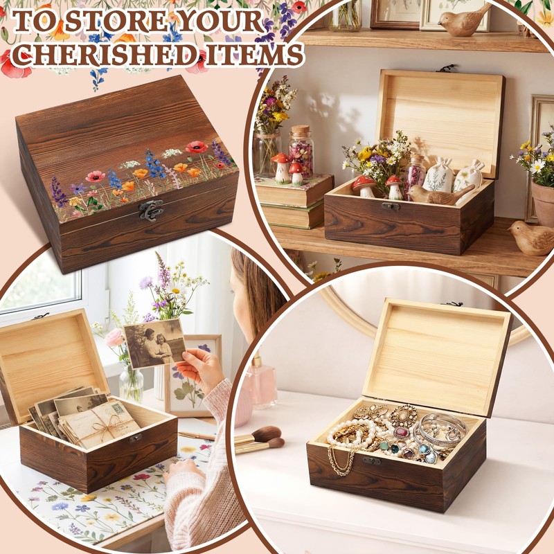 Wedding Wooden Keepsake Box, Flower, Brown, 11.02 x 8.86 x