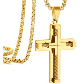 JUNOVUROS Cross Pendant Necklace for Men, Jesus Christ 316L Stainless Steel 20 to 28 In Rolo/24 In Byzantine Chain, 2 Sizes of Religious Jewelry with Silver/Gold/Black/Multicolor